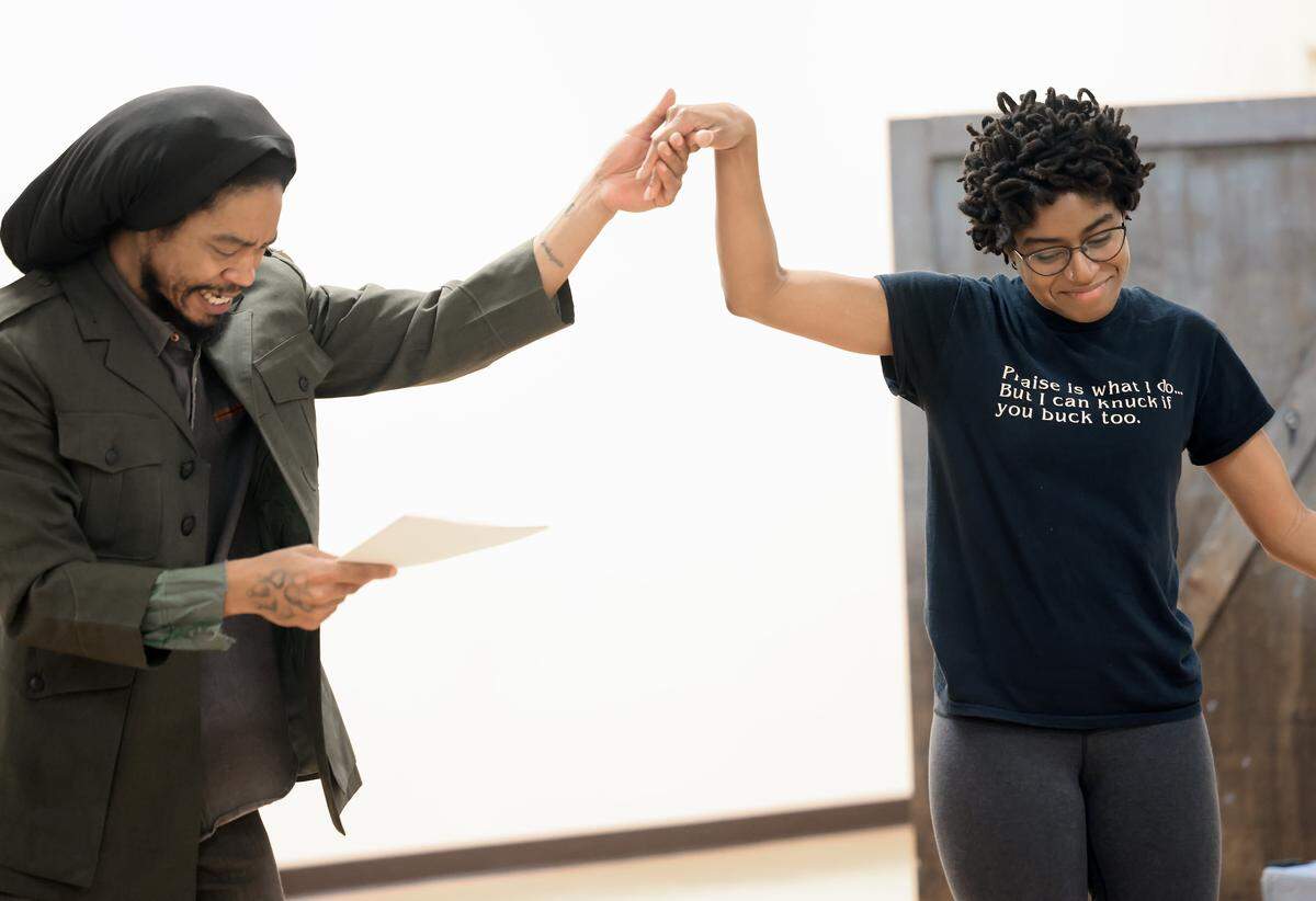 Lydia Danielle, who plays Bessie Coleman, right, and Jeremy DeCarlos, work on a scene  for "Bessie Coleman: Fearless and Free." 
