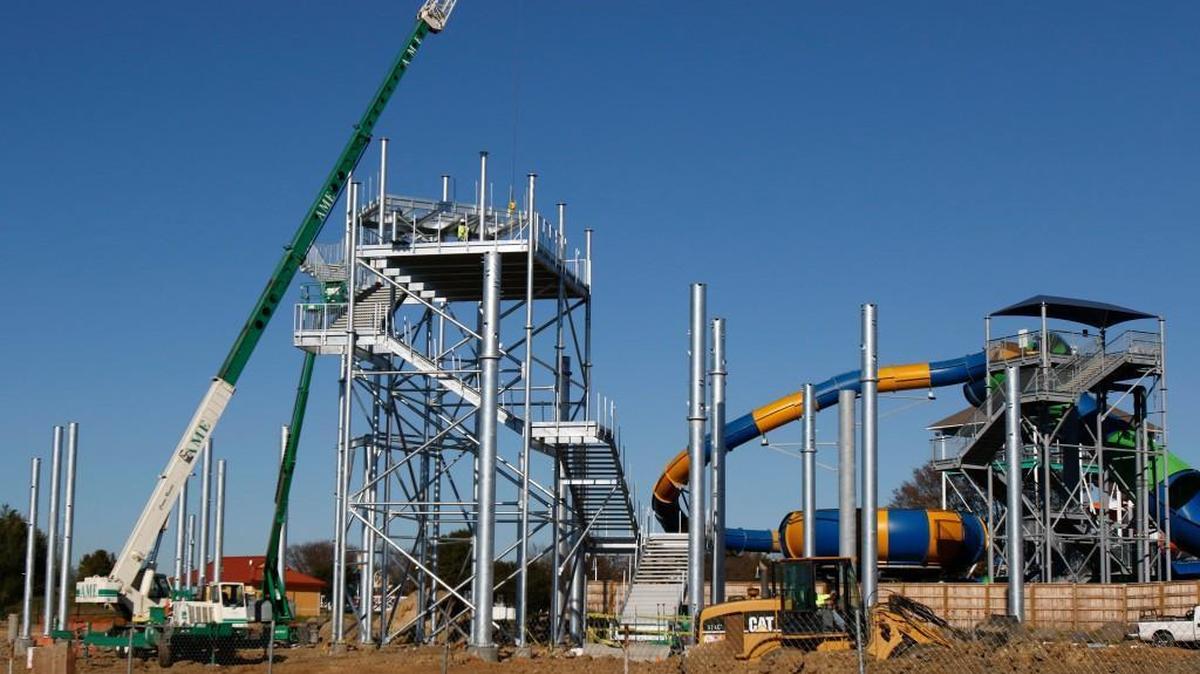 A tour of the Carolina Harbor Water Park under construction at Carowinds Wednesday. Blackbeard's Revenge, a six story tall water slide complex that features six slides, is going up in the newly expanded water park.