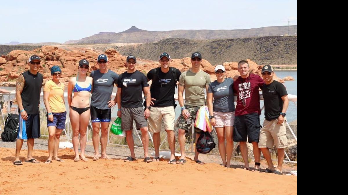 
Théoden Janes, at right, with a bunch of friendly competitors from the West Coast last Friday, the day before the race.
