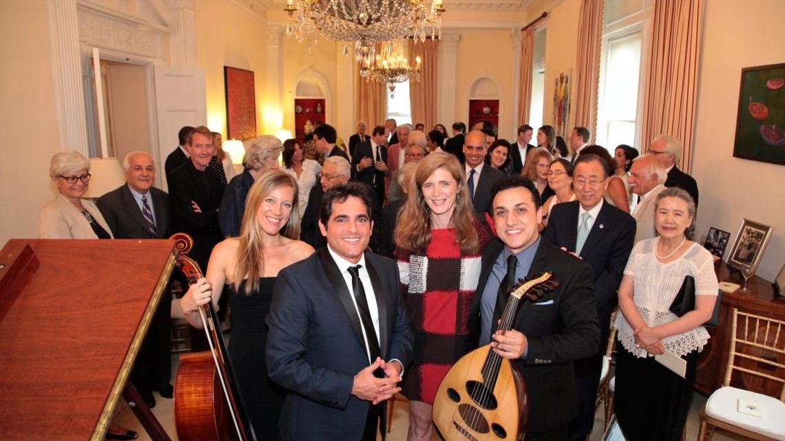 
Malek Jandali, front left, at a concert he performed for Henry Kissinger and U.N. Secretary General Ban Ki-Moon in New York in 2015.