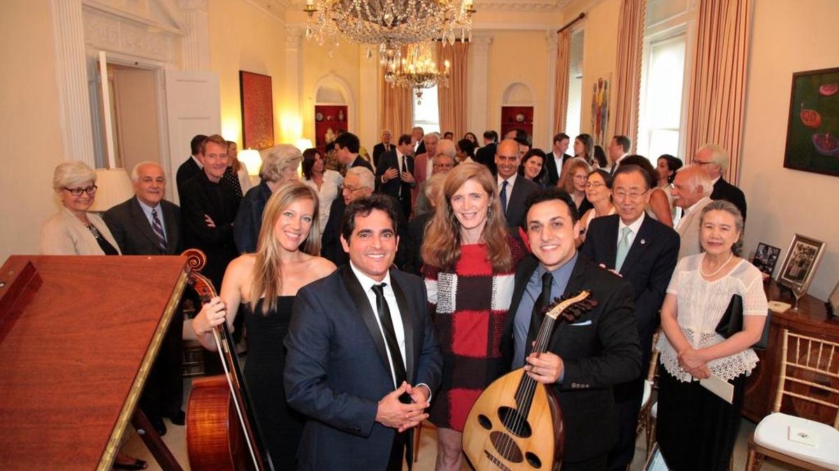 
Malek Jandali, front left, at a concert he performed for Henry Kissinger and U.N. Secretary General Ban Ki-Moon in New York in 2015.