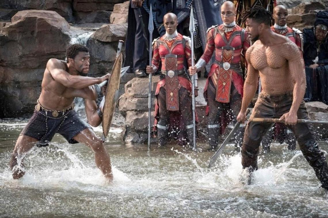 Chadwick Boseman, left, and Michael B. Jordan in “Black Panther.”
