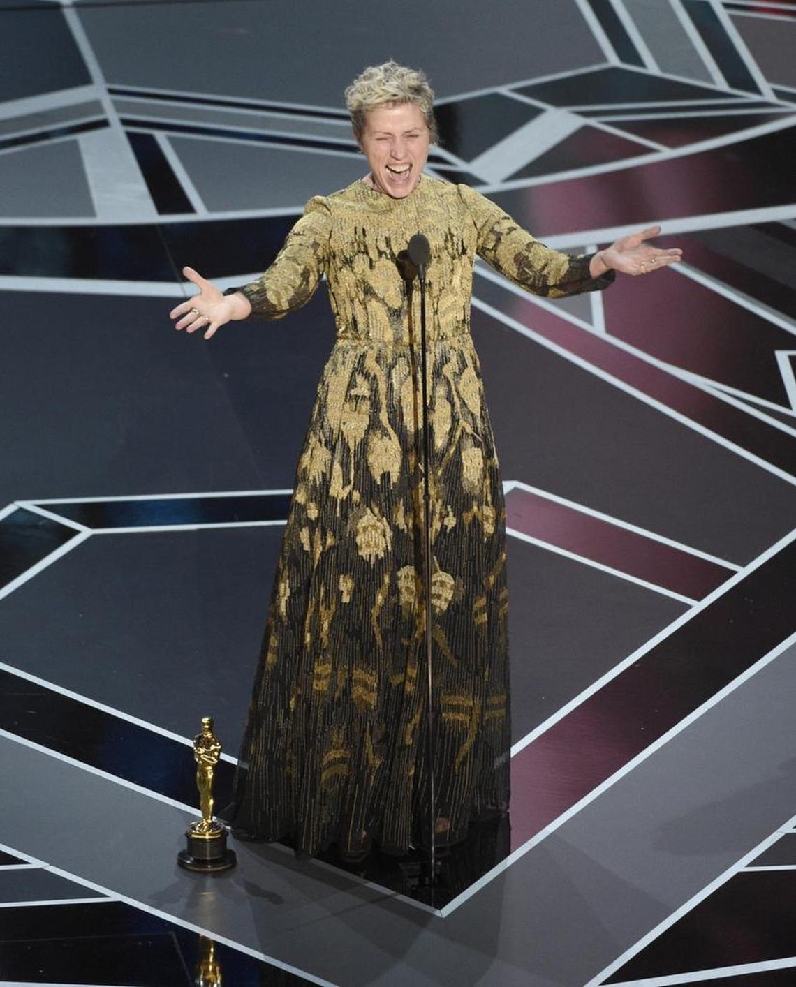 Frances McDormand accepts the award for best performance by an actress in a leading role for "Three Billboards Outside Ebbing, Missouri" at the Oscars on Sunday, March 4, 2018, at the Dolby Theatre in Los Angeles.