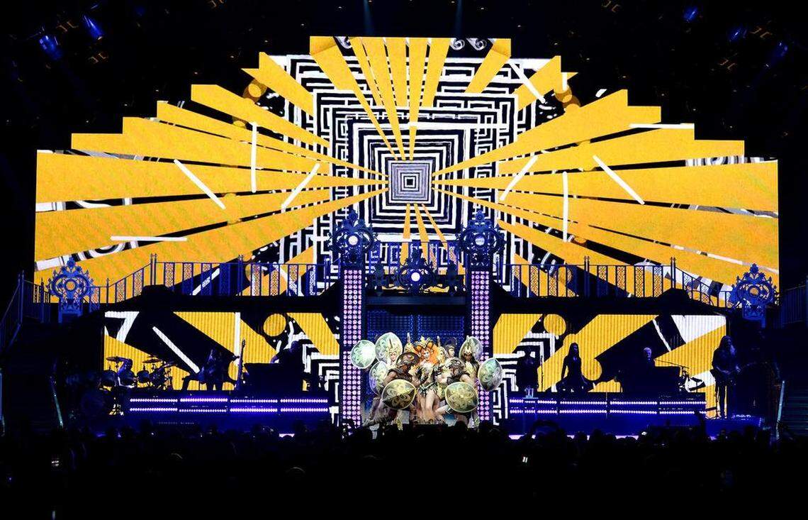A wide shot of the stage during Cher’s “Here We Go Again” show on Tuesday night in Charlotte.