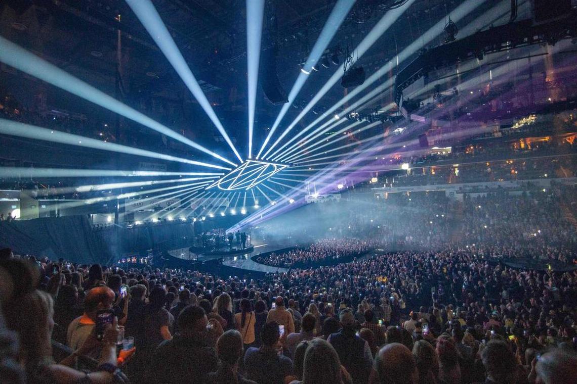 A wide shot of Justin Timberlake’s “Man of the Woods” stage setup at the arena on Tuesday night.