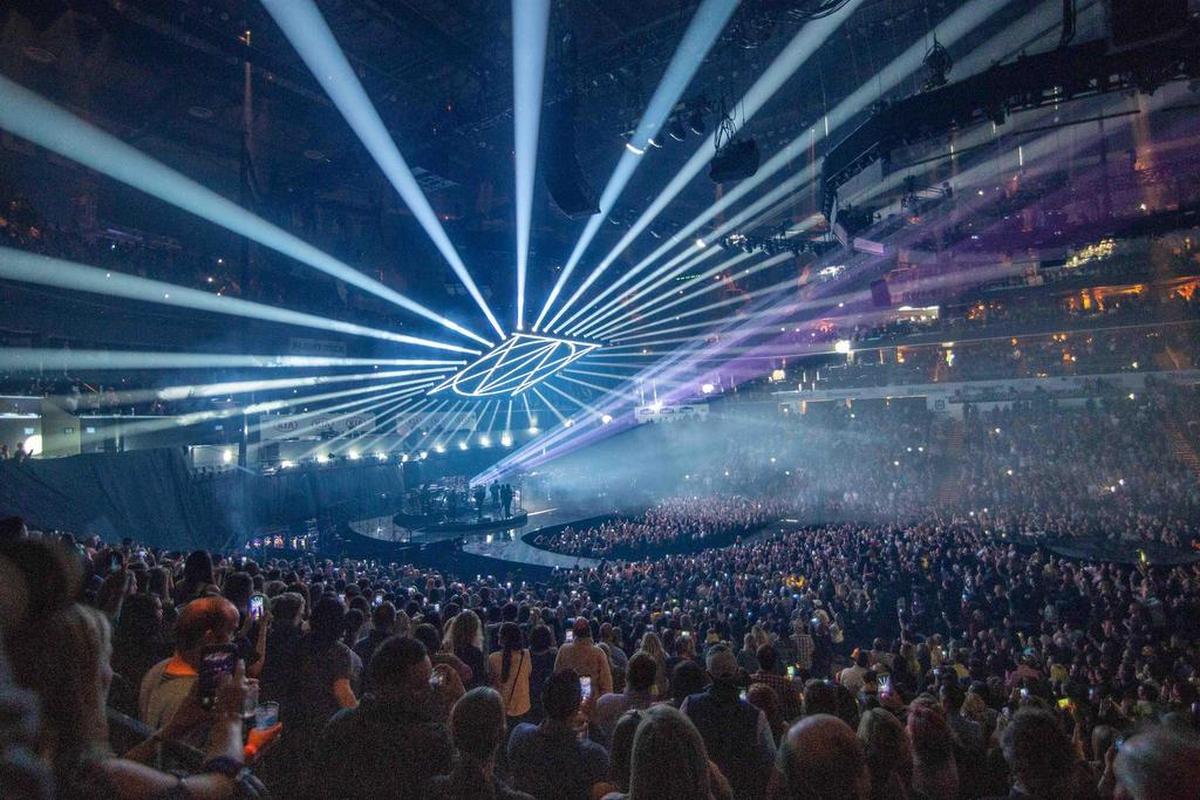 A wide shot of Justin Timberlake’s “Man of the Woods” stage setup at the arena on Tuesday night.