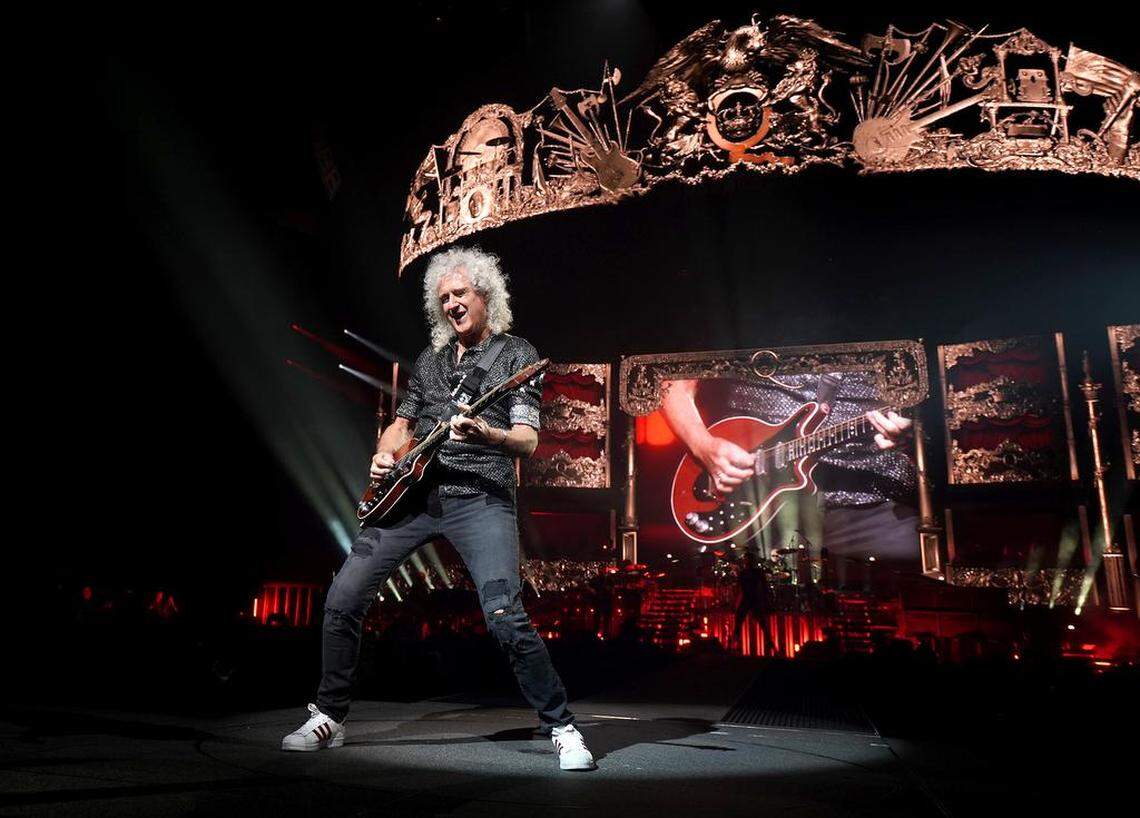 Queen lead guitarist Brian May plays during the Queen + Adam Lambert show at Spectrum Center in Charlotte, NC on Friday, August 23, 2019.