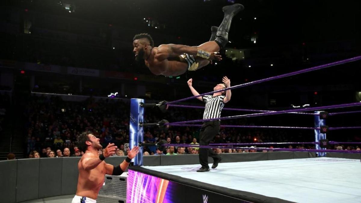 Cedric Alexander flies off the rope during his tournament finals match against Roderick Strong in March. His win over Strong earned Alexander a spot on the Wrestlemania card against Mustafa Ali.
