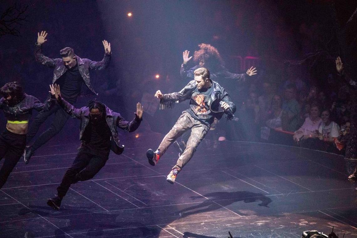 Justin Timberlake clicks his heels during a dance routine on Tuesday night.