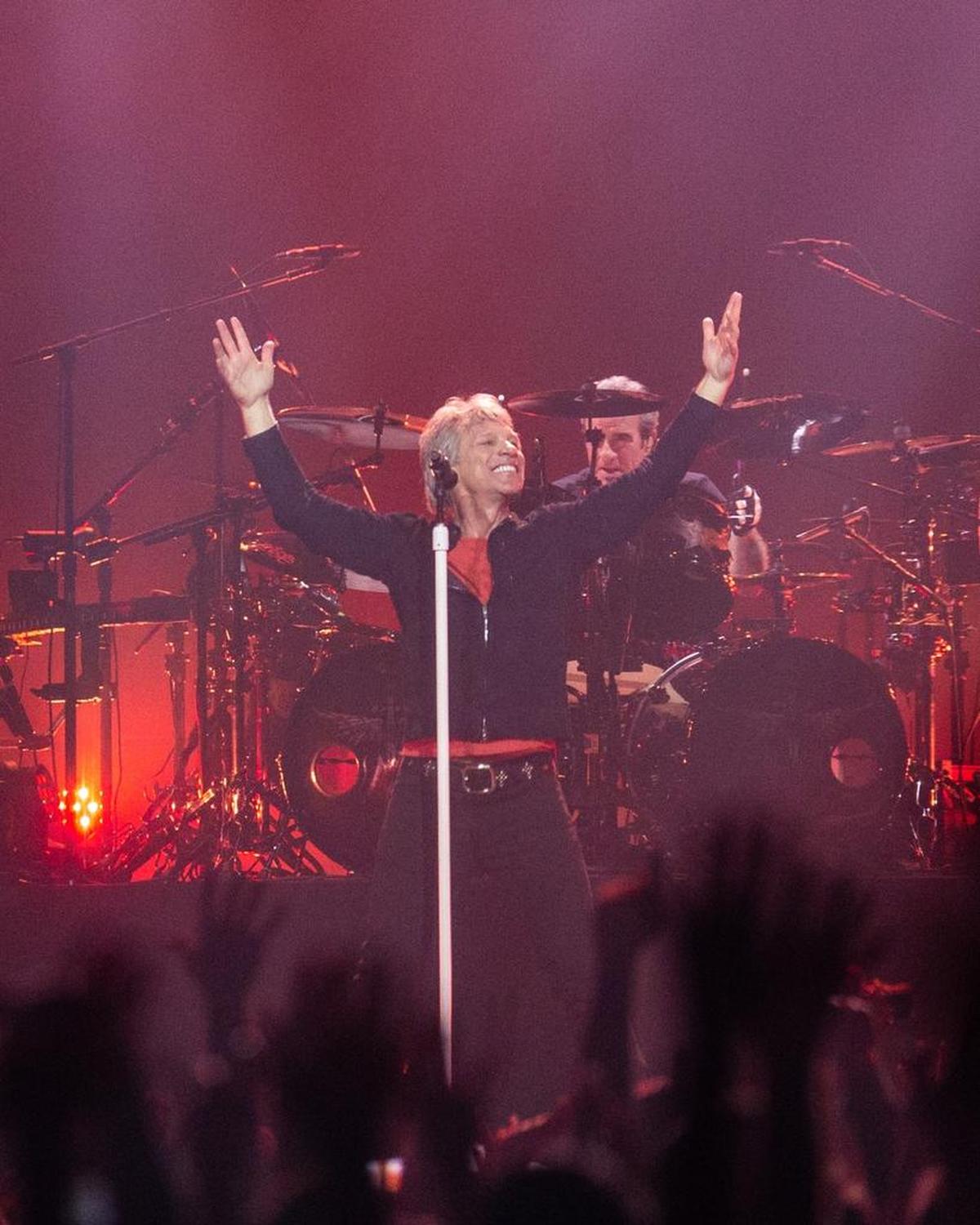 Jon Bon Jovi leads his band on Saturday night at Spectrum Center.
