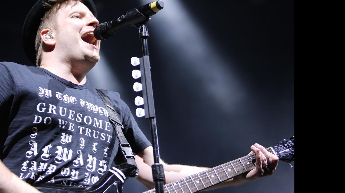 
Fall Out Boy lead singer Patrick Stump rocks out during the band’s co-headlining show with rapper Wiz Khalifa on Sunday night.
