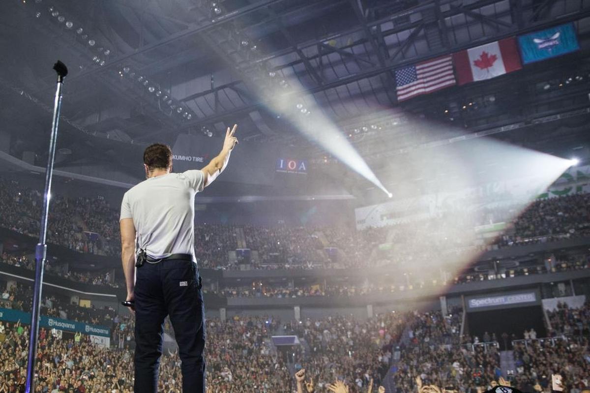 Dan Reynolds of Imagine Dragons during the band’s concert at Charlotte’s Spectrum Center on Wednesday night.