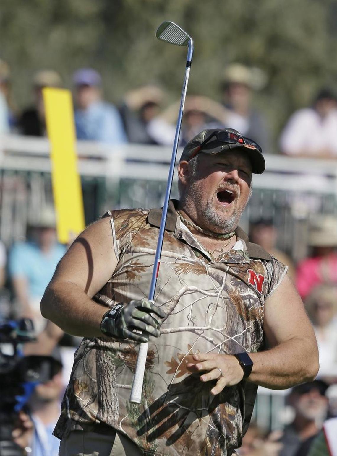 Larry The Cable Guy (aka Daniel Lawrence Whitney) reacts after hitting from the 17th tee during the celebrity challenge event of the AT&T Pebble Beach National Pro-Am golf tournament in February 2016 in California.