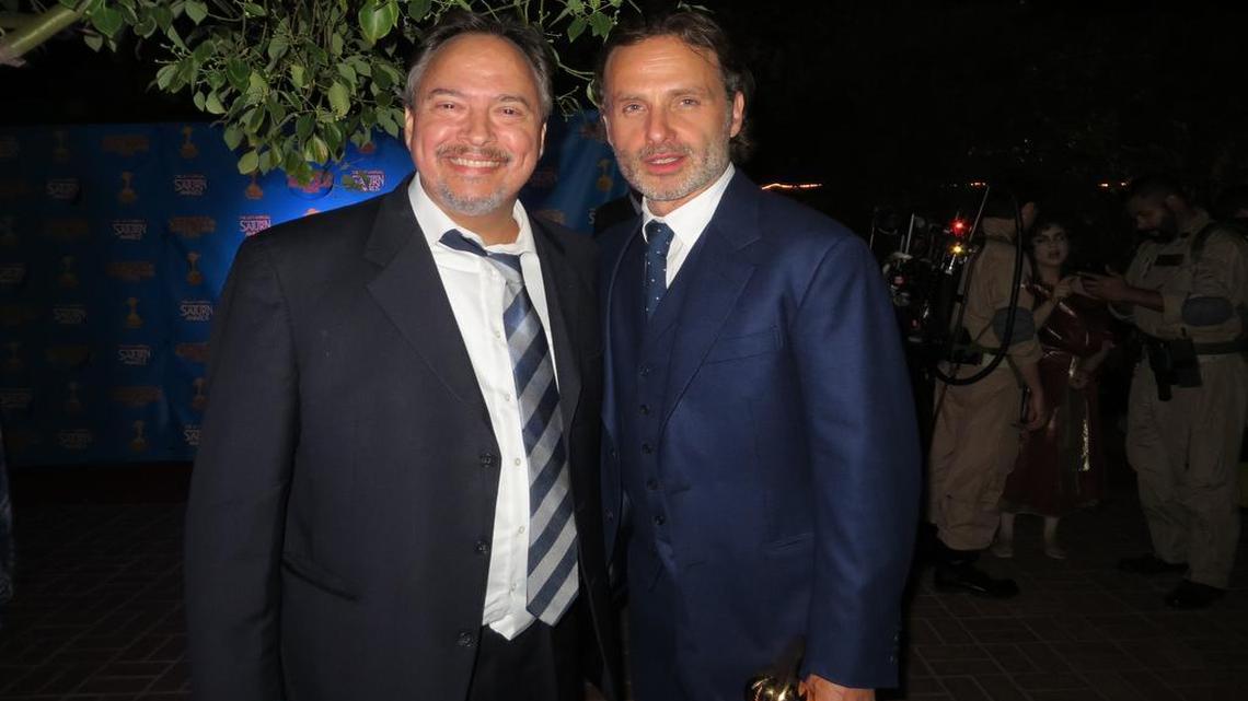
Saturn Award winners Michael Plumides (left) and Andrew Lincoln meet after the ceremony. Plumides was executive producer of “Nightbreed: The Director’s Cut,” which won Best DVD/BD Special Edition Release; Lincoln won best actor in a TV series for “The Walking Dead.”
