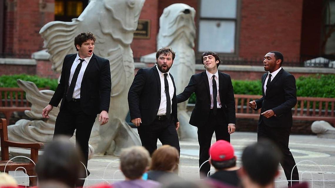 
Crash Buist, Chaz Pofahl, Dan O'Sullivan and Devin Clark perform in Charlotte Shakespeare’s “Love's Labor's Lost” at The Green in uptown Charlotte in 2014.
