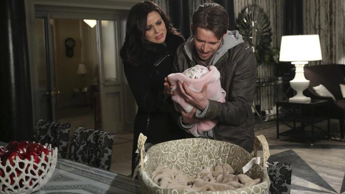 Lana Parrilla, left, as Regina and Sean Maguire as Robin in “Once Upon a Time” on ABC. )
