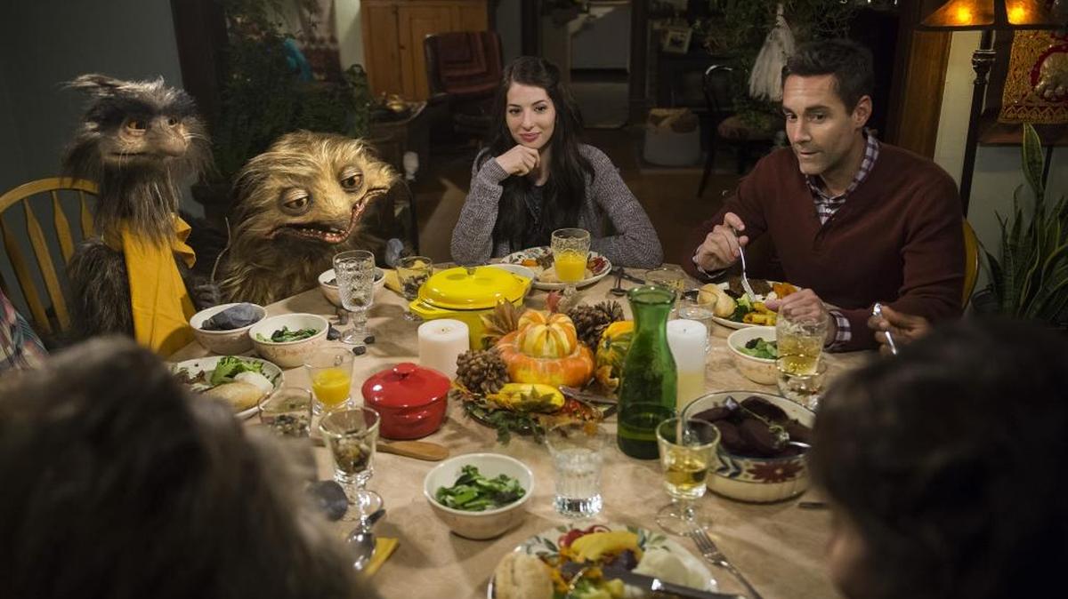 (L-R): Squonk, Burble, Genevieve Buechner and Jay Harrington star in ”Jim Henson’s Turkey Hollow” on Lifetime.