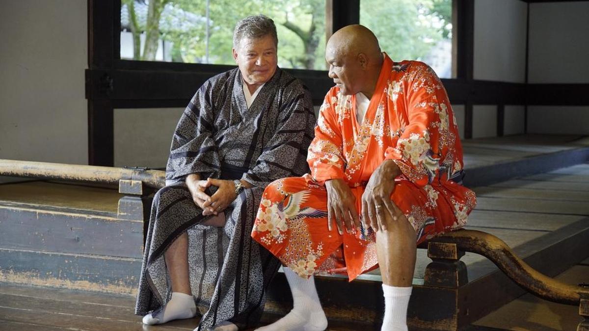 William Shatner, left, and George Foreman in NBC’s “Better Late Than Never.”