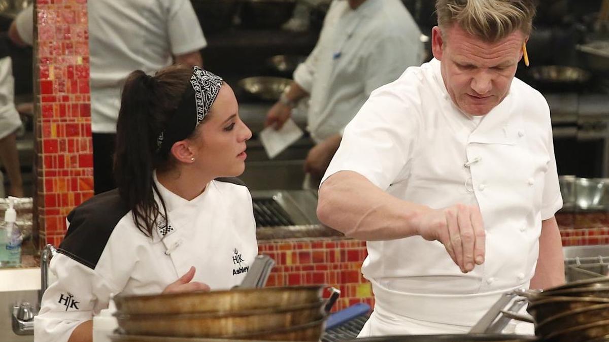 Contestant Ashley, left, with host Chef Gordon Ramsay. Ashley was eliminated in last week’s episode, leaving Kristen and Ariel to compete for the title.