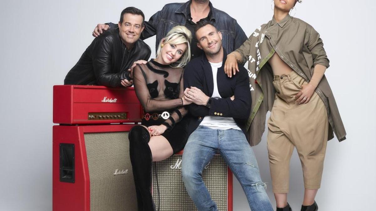 (L-R): Carson Daly, Miley Cyrus, Blake Shelton, Adam Levine and Alicia Keys from “The Voice.”