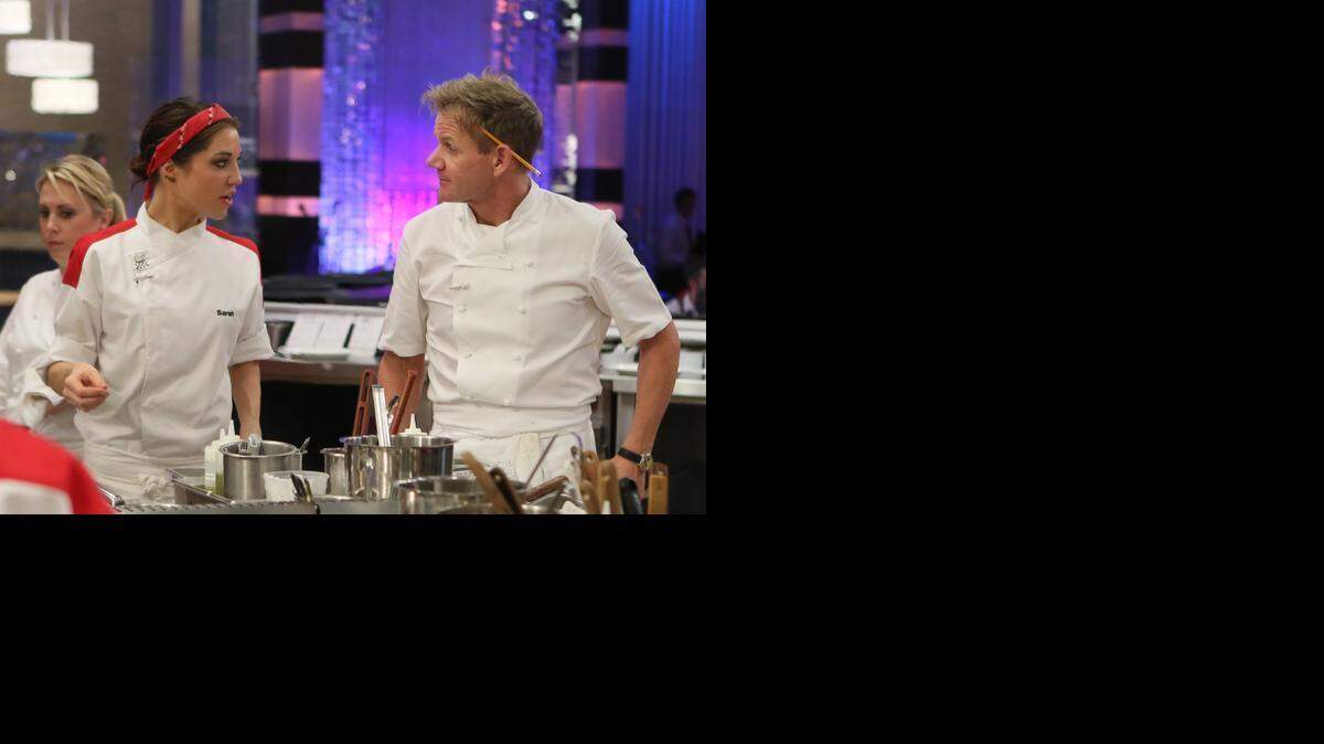 
Contestant Sarah (left) and Chef Gordon Ramsay in the season premiere of “Hell’s Kitchen” on Fox. 
