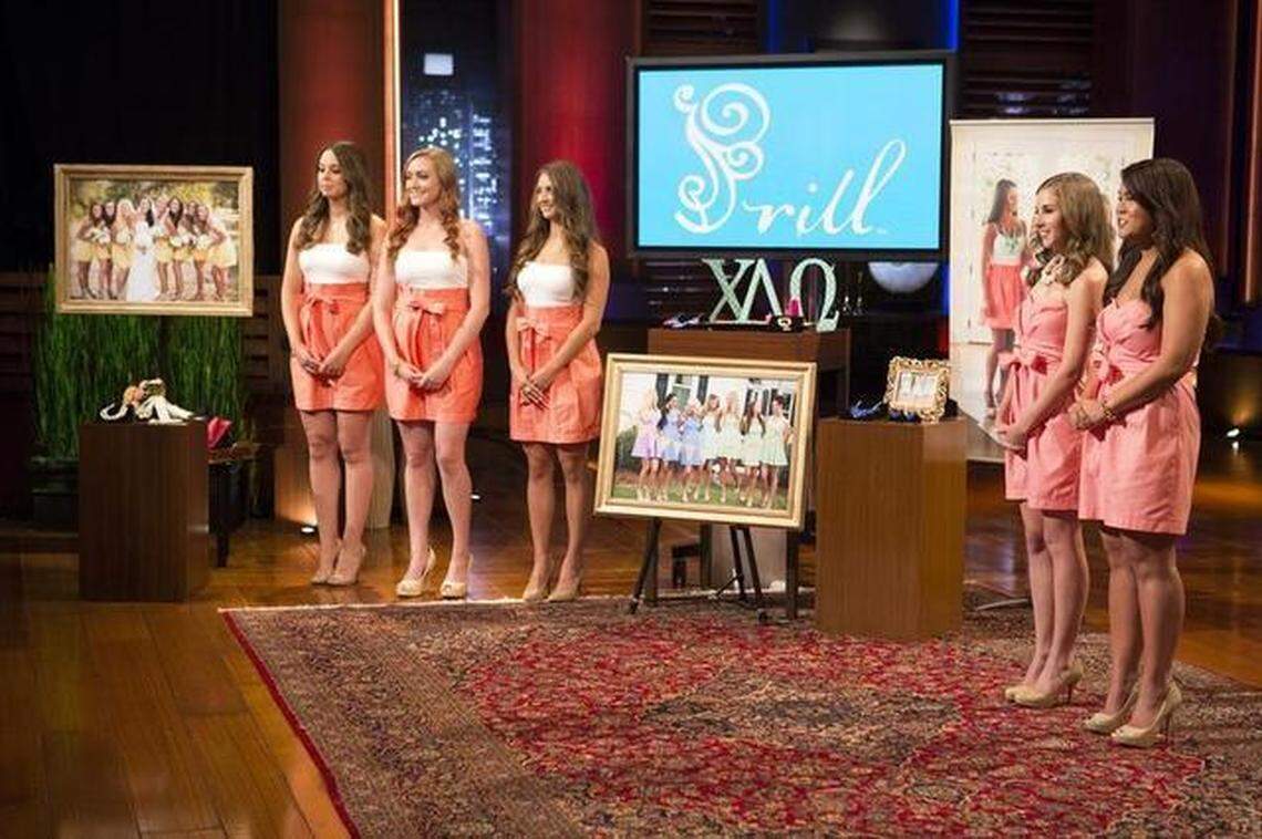 Kate Steadman and Sharon Bui, at right, pitch to “Shark Tank” investors a plan to expand their Frill Clothing business. 