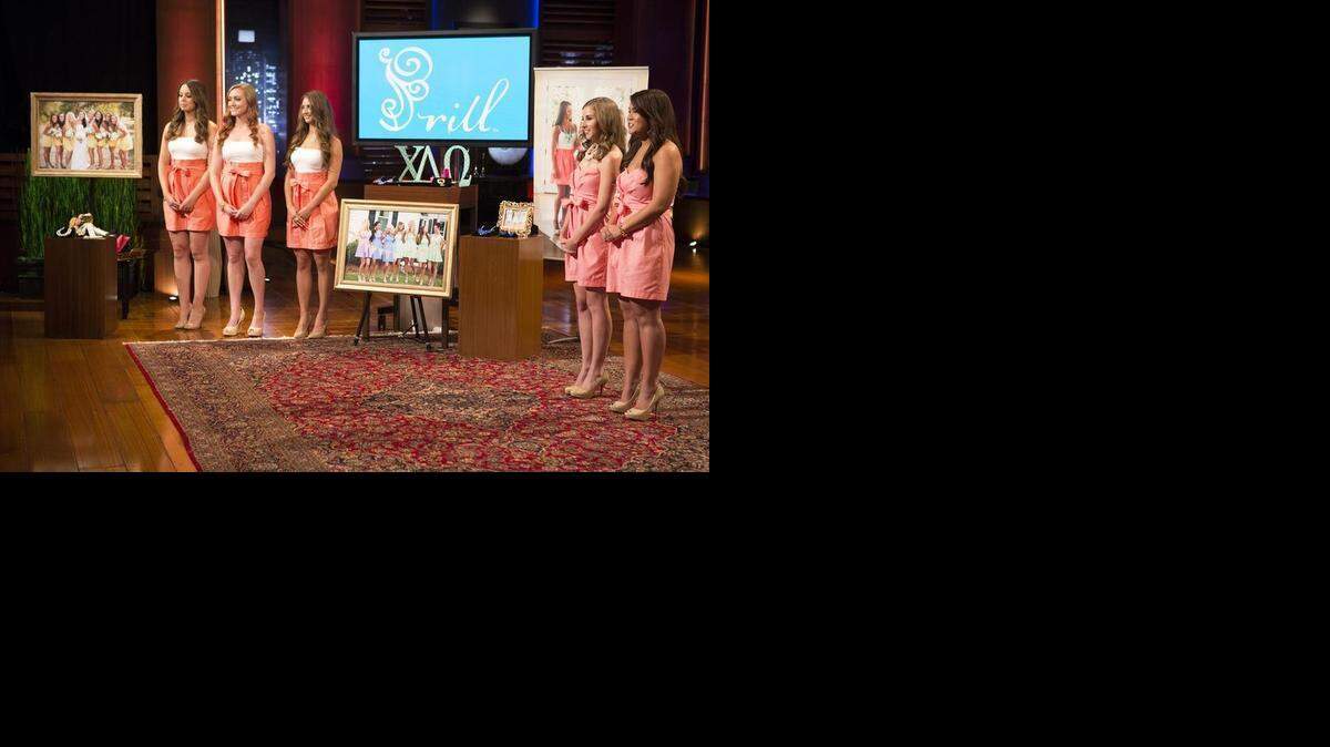 
Kate Steadman and Sharon Bui, at right, pitch to “Shark Tank” investors a plan to expand their Frill Clothing business. 
