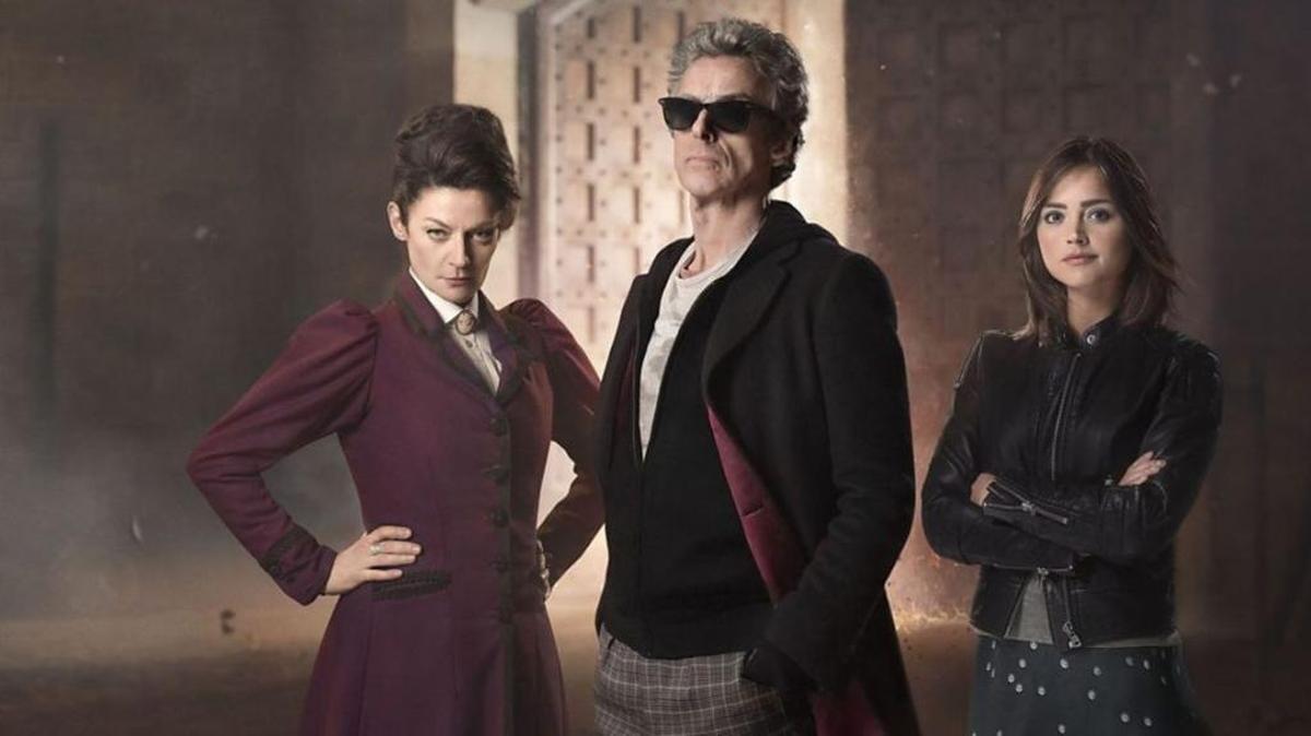 
(L-R) Michelle Gomez as Missy, Peter Capaldi as Doctor Who and Jenna Coleman as Clara. 
