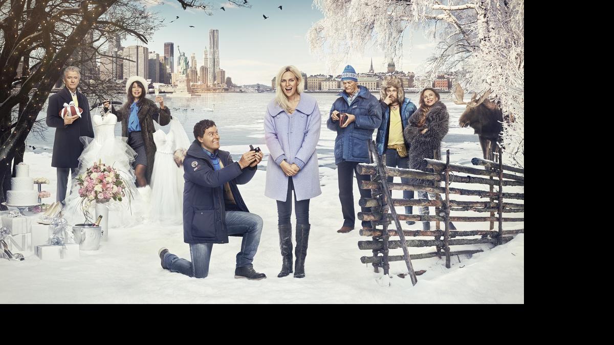 
“Welcome to Sweden” cast, pictured L-R: Patrick Duffy as Wayne Evans, Illeana Douglas as Nancy Evans, Greg Poehler as Bruce Evans, Josephine Bornebusch as Emma Wiik, Clas Mansson as Birger Wiik, Christopher Wagelin as Gustaf Wiik and Lena Olin as Viveka Wiik. 

