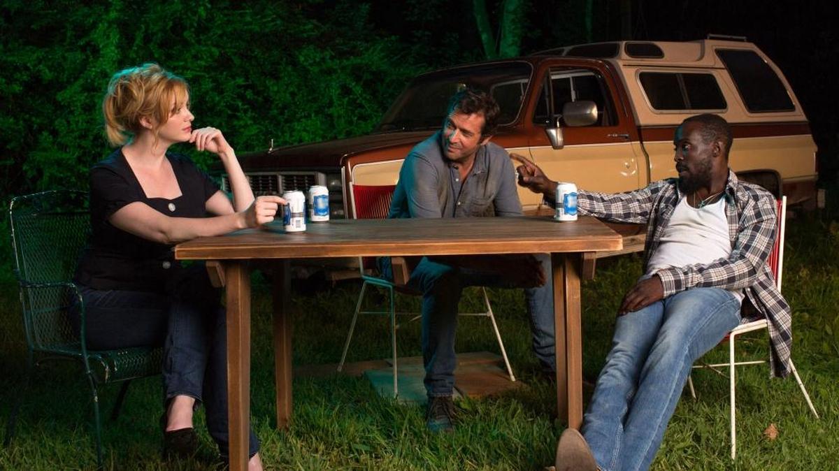 (L-R): Christina Hendricks as Trudy, James Purefoy as Hap Collins and Michael Kenneth Williams as Leonard Pine in the Sundance series “Hap and Leonard.”