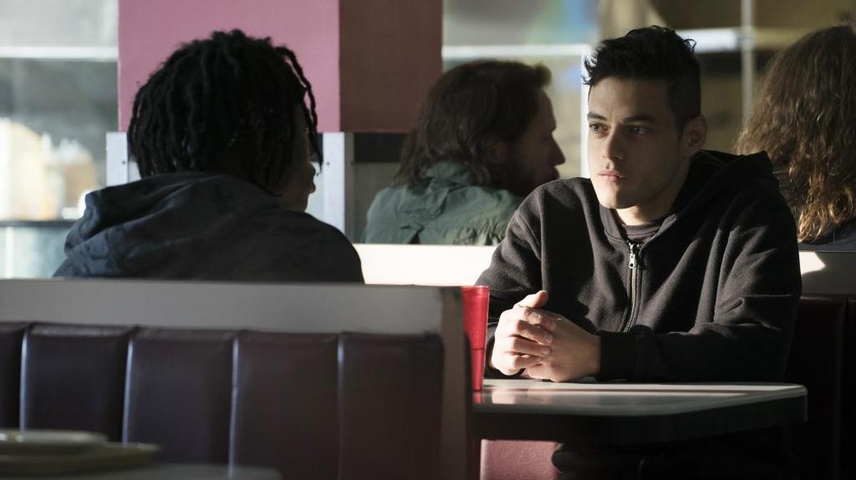 Joey Bada$$ (left) as Leon and Rami Malek as Eliot Alderson in “Mr. Robot” on USA Network.