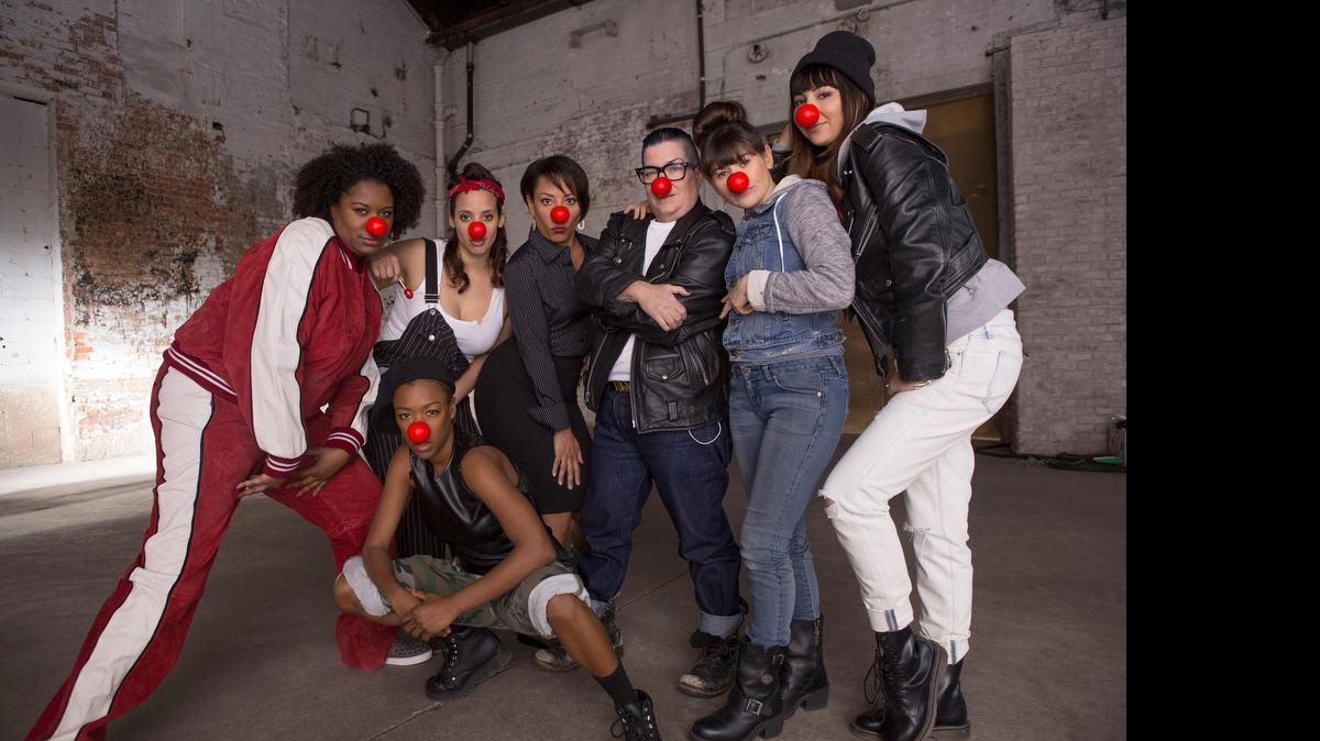 
The cast of “Orange is the New Black” (l-r, top row: Adrienne C. Moore, Dascha Polanco, Selenis Leyva, Lea Delaria, Yael Stone, Jackie Cruz; bottom row: Samira Wiley) participate in NBC’s “Red Nose Day” special. 
