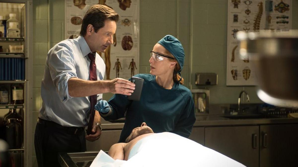 David Duchovny (left) and Gillian Anderson in the “Mulder & Scully Meet the Were-monster” episode of “The X-Files: airing Monday.