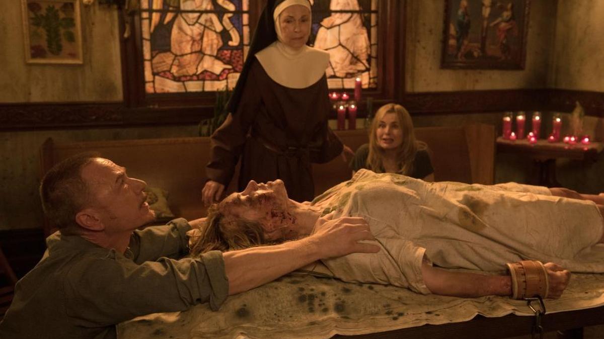 (L-R): Ben Daniels, Hannah Kasulka, guest star Deanna Dunagan and Geena Davis in an episode of “The Exorcist.”