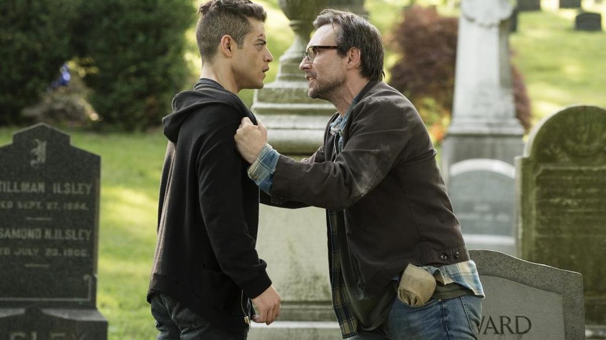 
 Rami Malek (left) as Elliot Alderson and Christian Slater as Mr. Robot in USA’s “Mr. Robot.” 

