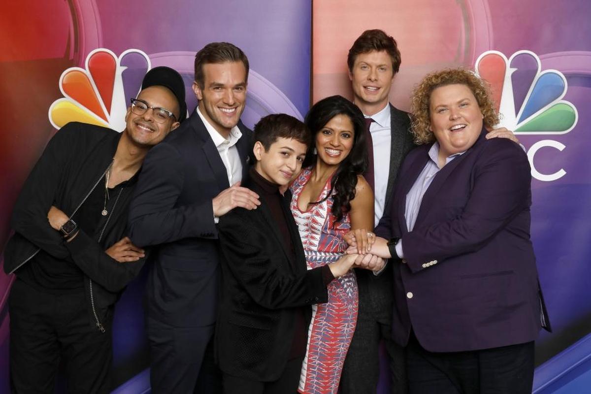 Fortune Feimster, right, with her “Champions” co-stars (from left) Yassir Lester, Andy Favreau, J.J. Totah, Mouzam Makker and Anders Holm, Fortune Feimster.