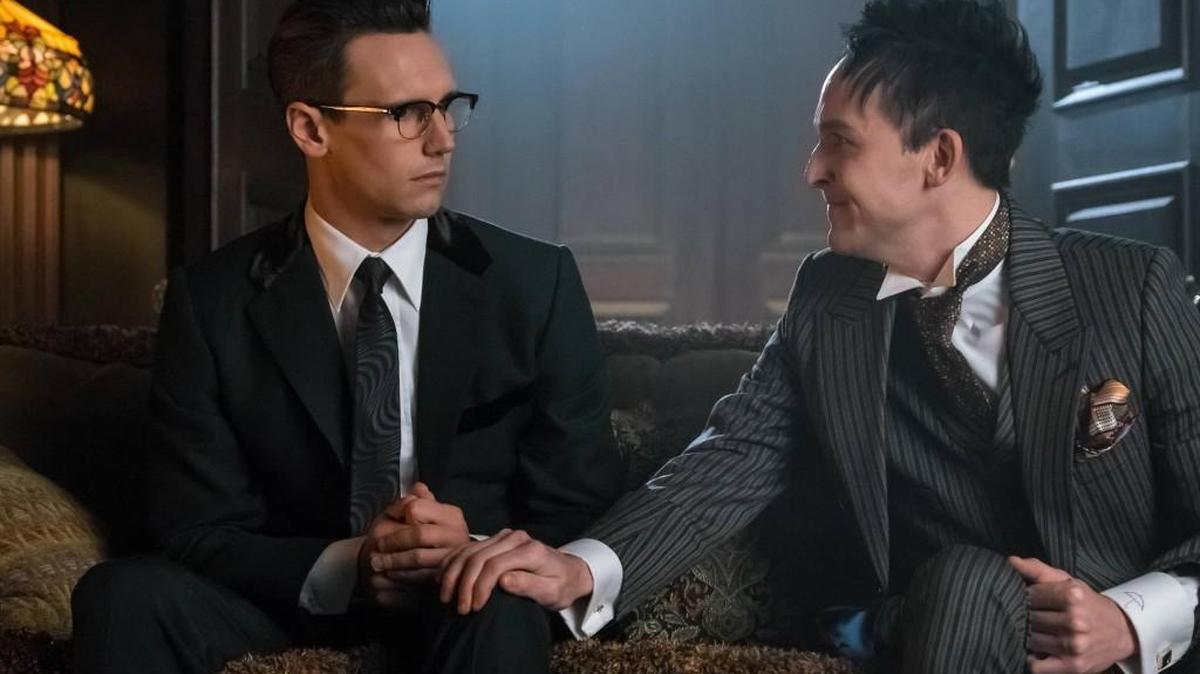 Cory Michael Smith, left, as Edward Nygma and Robin Lord Taylor as Penguin in “Gotham.”