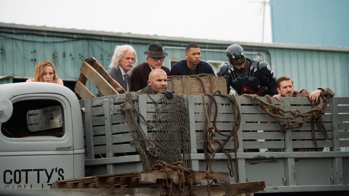 (L-R): Caity Lotz as Sara Lance/White Canary, John Rubinstein as Albert Einstein, Dominic Purcell as Mick Rory/Heat Wave, Victor Garber as Professor Martin Stein, Franz Drameh as Jefferson “Jax” Jackson, Brandon Routh as Ray Palmer/Atom and Arthur Darvill as Rip Hunter in “DC’s Legends of Tomorrow” on The CW.