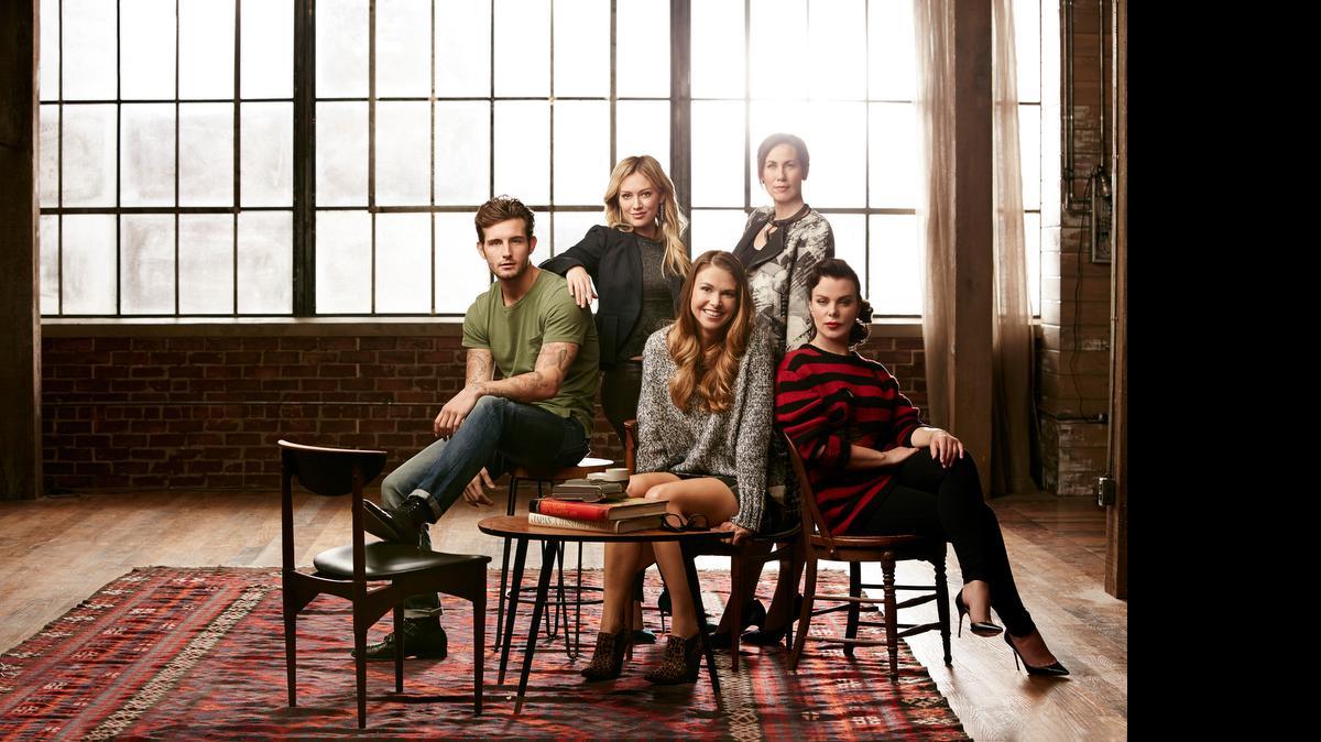
The cast of “Younger” on TV Land. (L-R, back row): Nico Tortorella, Hilary Duff and Miriam Shor. (L-R, front row): Sutton Foster and Debi Mazar. 
