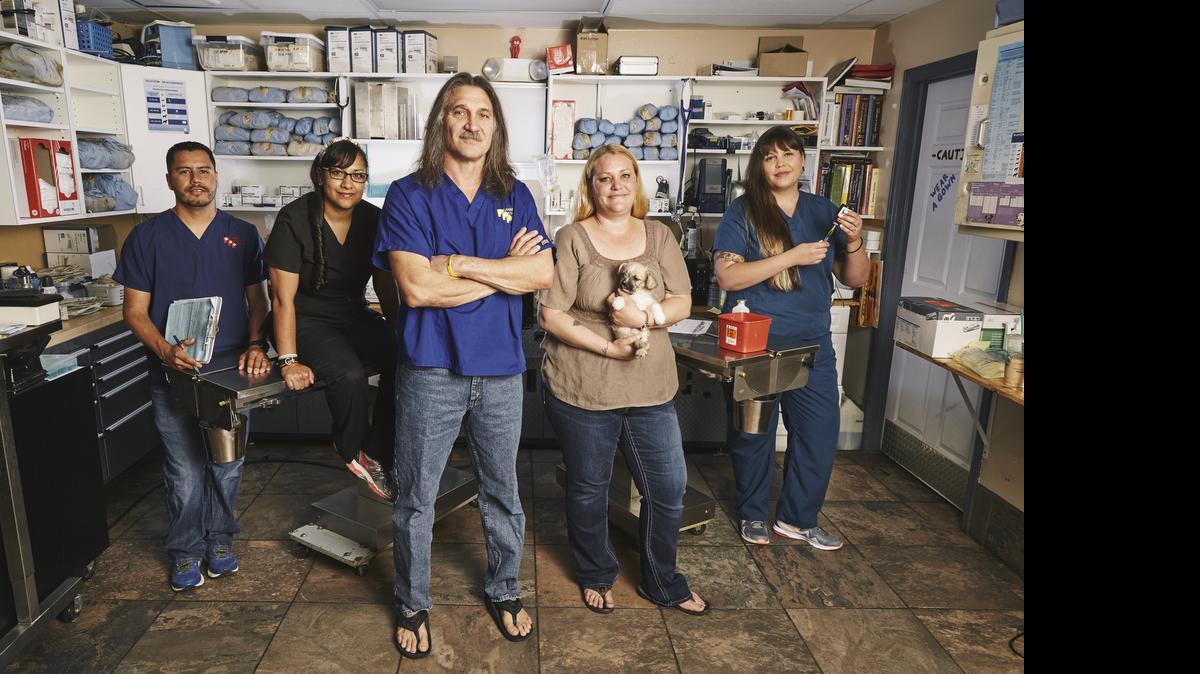 
(L-R) Hector Martinez, Dyani King, Dr. Jeff Young, Melody Young-Obuobisa and Tasha Crabtree in the Planned Pethood clinic in Denver, Co., featured on the Animal Planet series “Dr. Jeff: Rocky Mountain Vet.”
