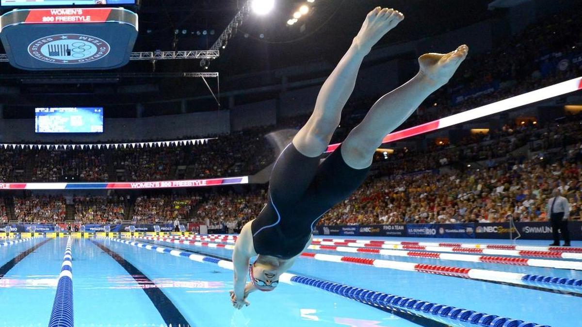 Katie Ledecky, pictured here at U.S. Olympic swimming trials in June, competes in the 400m free finals on Sunday.