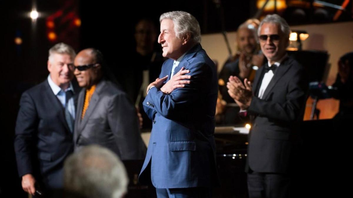 (L-R): Alec Baldwin, Stevie Wonder, Tony Bennett and Andrea Bocelli in “Tony Bennett Celebrates 90: The Best Is Yet To Come.”