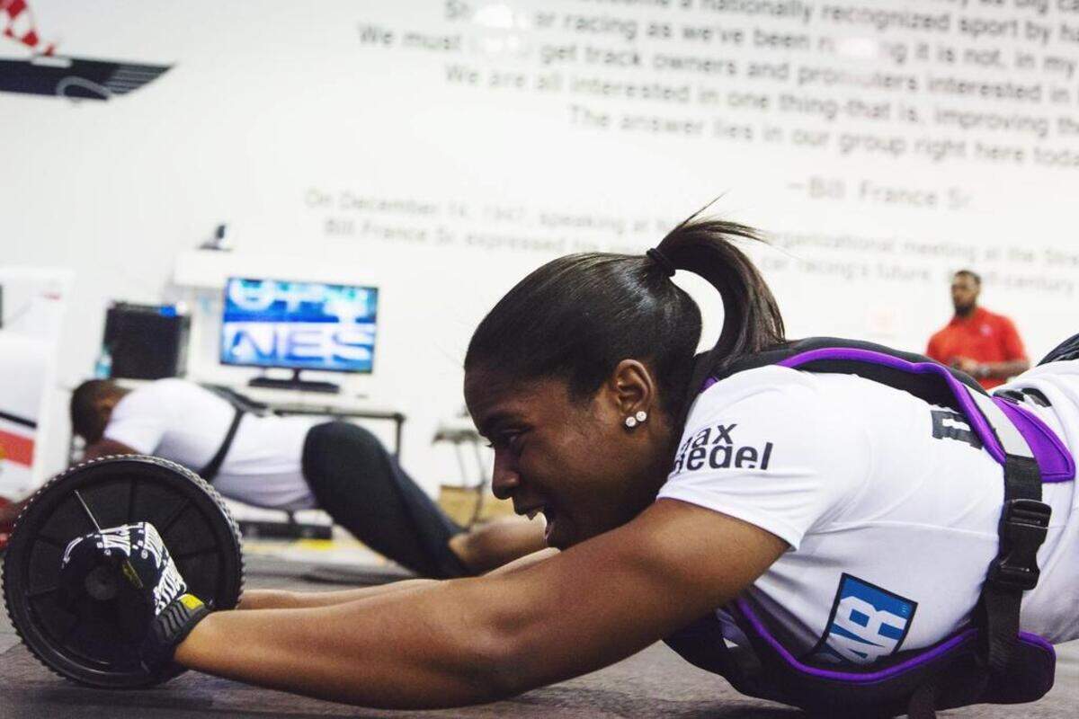 Brehanna Daniels working out at the national Drive for Diversity combine in Concord in May 2016.