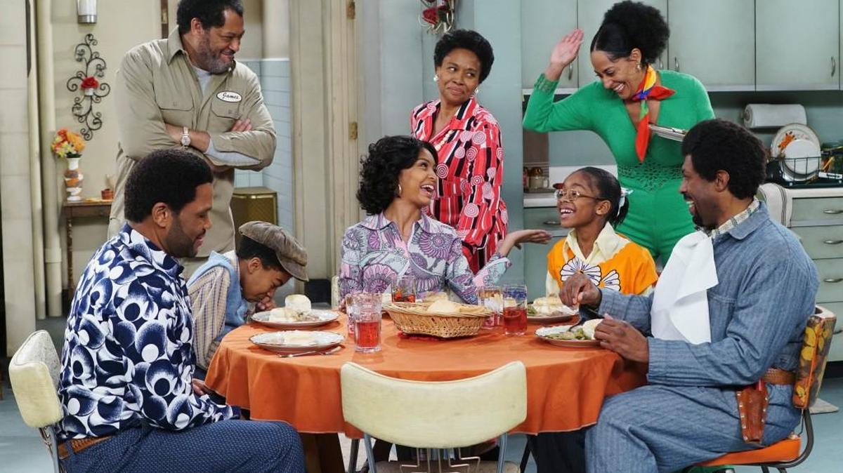 (L-R): Anthony Anderson, Laurence Fishburne, Miles Brown, Yara Shahidi, Jenifer Lewis, Marsai Martin, Tracee Ellis Ross and Deon Cole.