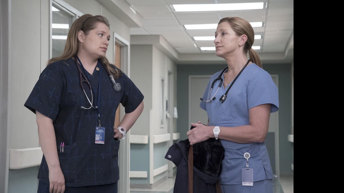 
Merritt Wever (left) as Zoey and Edie Falco as Jackie Peyton in the final season of “Nurse Jackie.”

