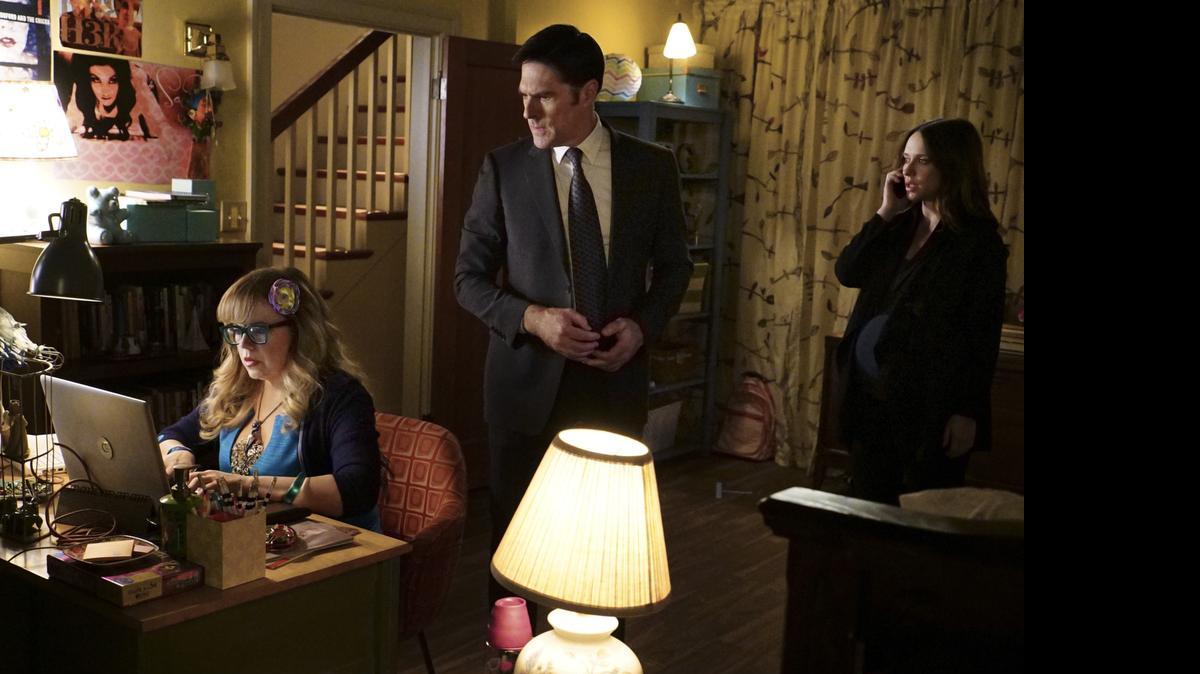 
 (L-R) Kirsten Vangsness as Penelope Garcia, Thomas Gibson as Aaron Hotchner and Jennifer Love Hewitt as Kate Callahan in “Criminal Minds.” 

