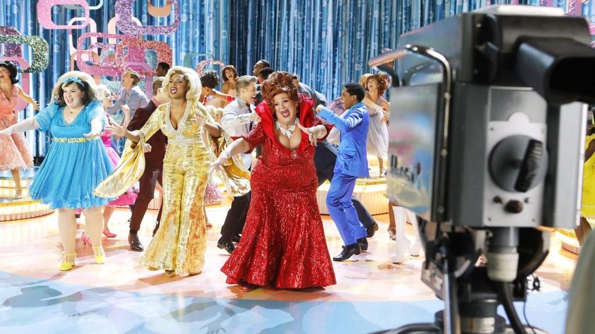 (L-R): Maddie Baillio as Tracy Turnblad, Jennifer Hudson as Motormouth Maybelle and Harvey Fierstein as Edna Turnblad in rehearsal for “Hairspray Live!” on NBC.