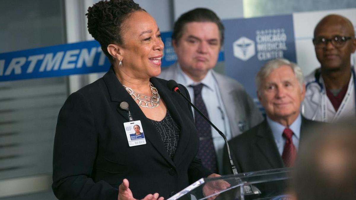 S. Epatha Merkerson (left) as Sharon Goodwin and Oliver Platt as Dr. Daniel Charles in “Chicago Med.”