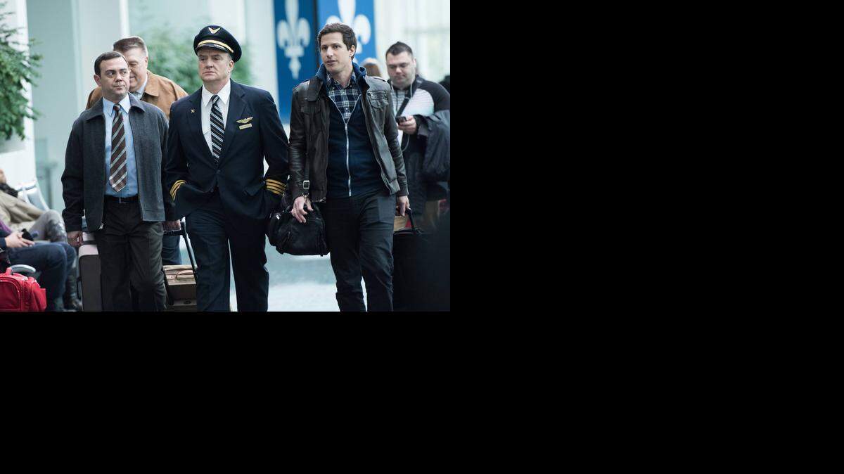 
Charles (Joe Lo Truglio, left) is skeptical of Jake’s (Andy Samberg, right) father, Roger (guest star Bradley Whitford, center) when he comes to town in the “Captain Peralta” episode of “Brooklyn Nine-Nine.” 
