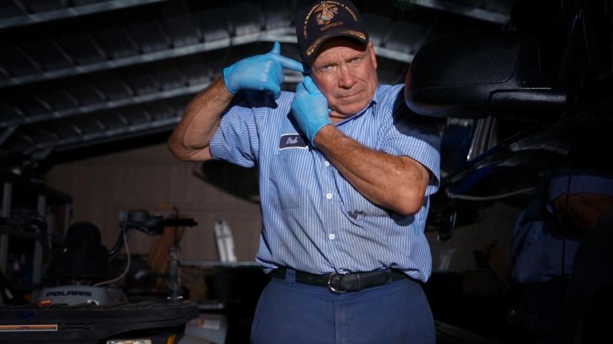 Dub Lawrence recreates police standoff with his son-in-law Brian Wood for the documentary “Peace Officer.”